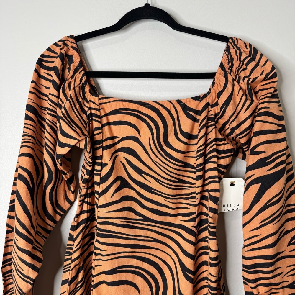NWT Billabong Tiger Animal Print Square Neck Puff Long Sleeve Smocked Mink Dress - Picture 3 of 9